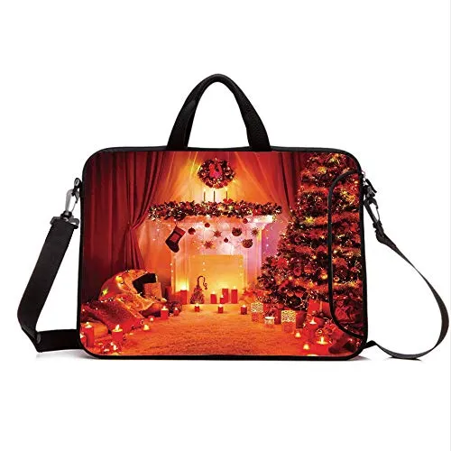 15" Neoprene Laptop Bag Sleeve with Handle,Adjustable Shoulder Strap & External Side Pocket,Christmas,Noel Room Decorated with Bunch of Holly Yule Objects Illuminated Fantasy Eve Picture,Orange