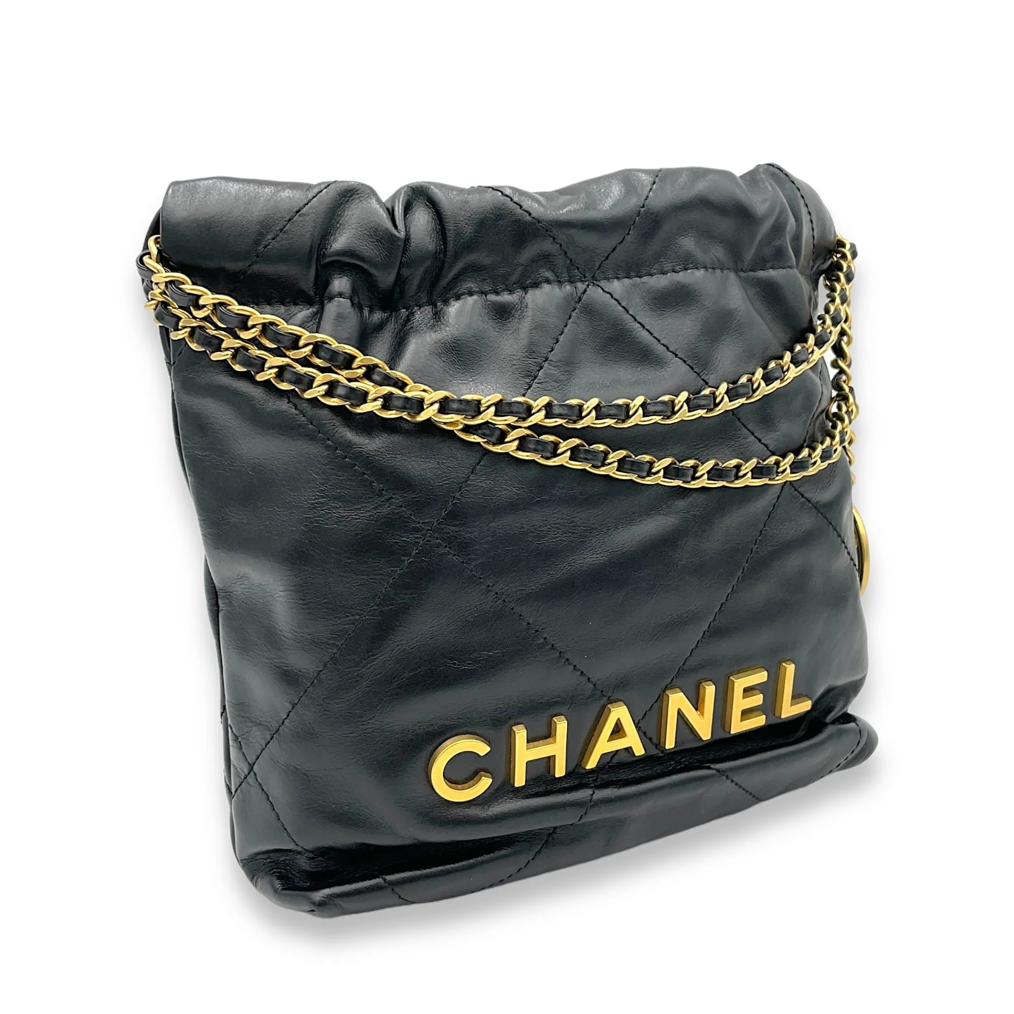 22 Mini Black Shoulder Bag in Calfskin, Gold hardware