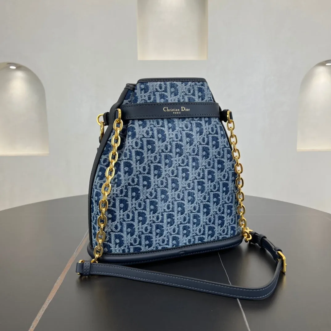 24CM Blue Denim Dior Oblique Chain Shoulder Strap Bag 286769