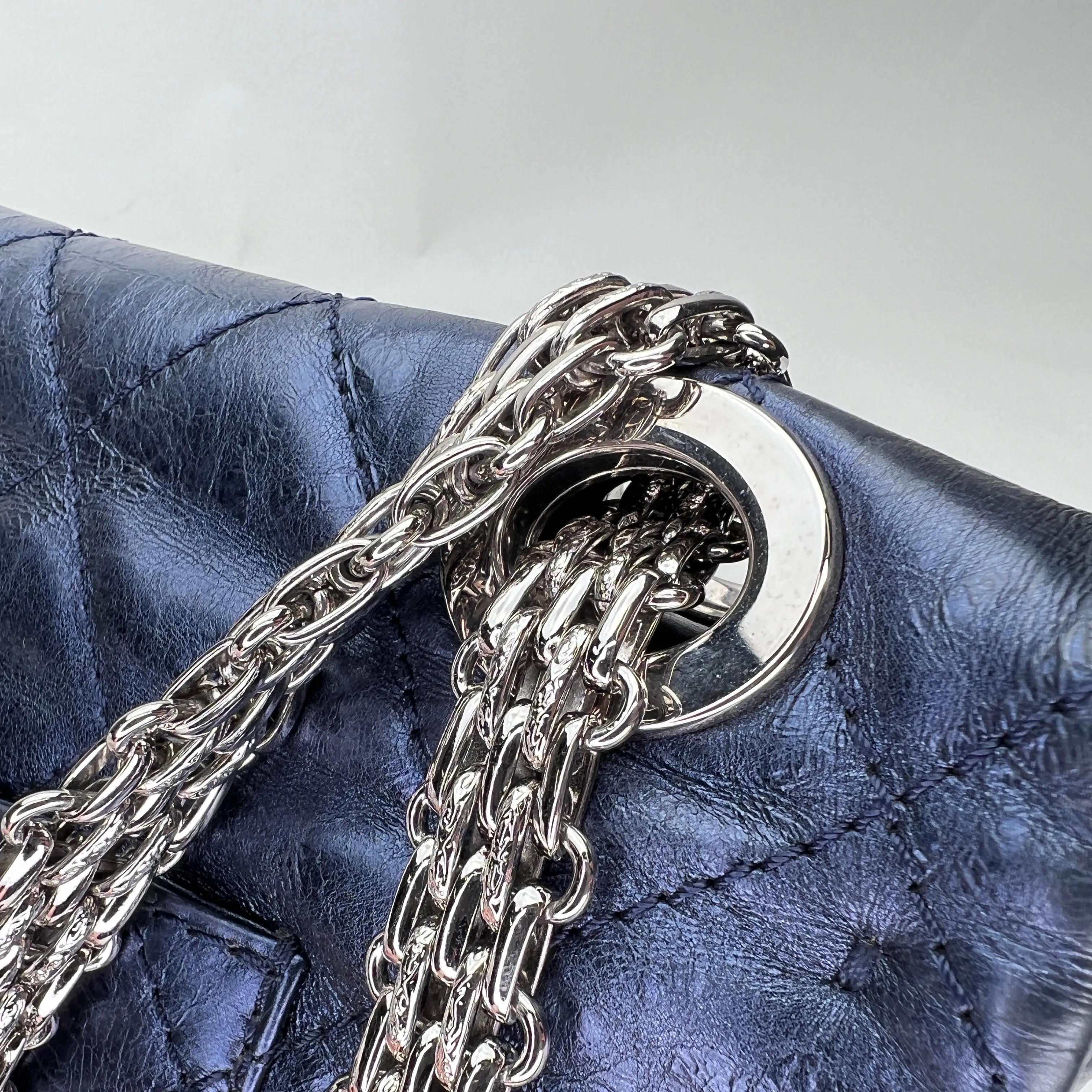 2.55 Large Navy Shoulder Bag in Distressed Leather, Silver hardware