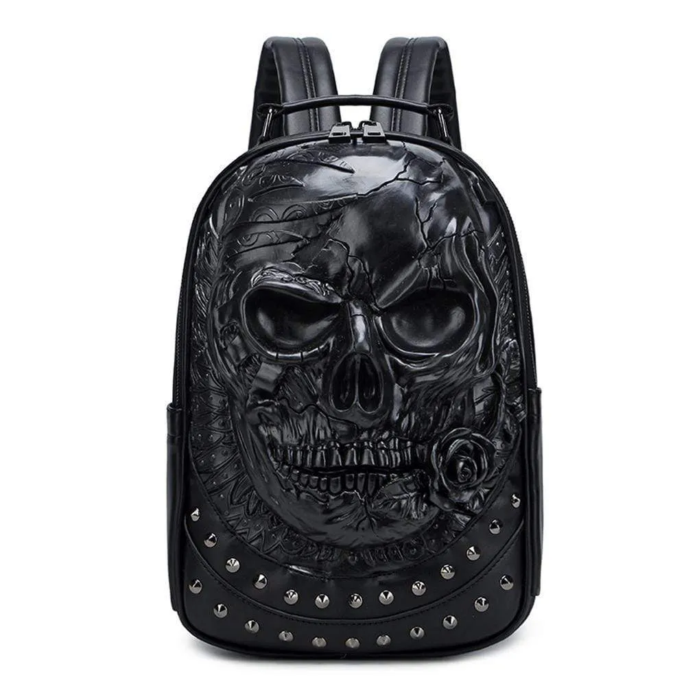 3D Backpack ,Studded  Halloween 3D Skull With Rose Rucksacks Travel Bags