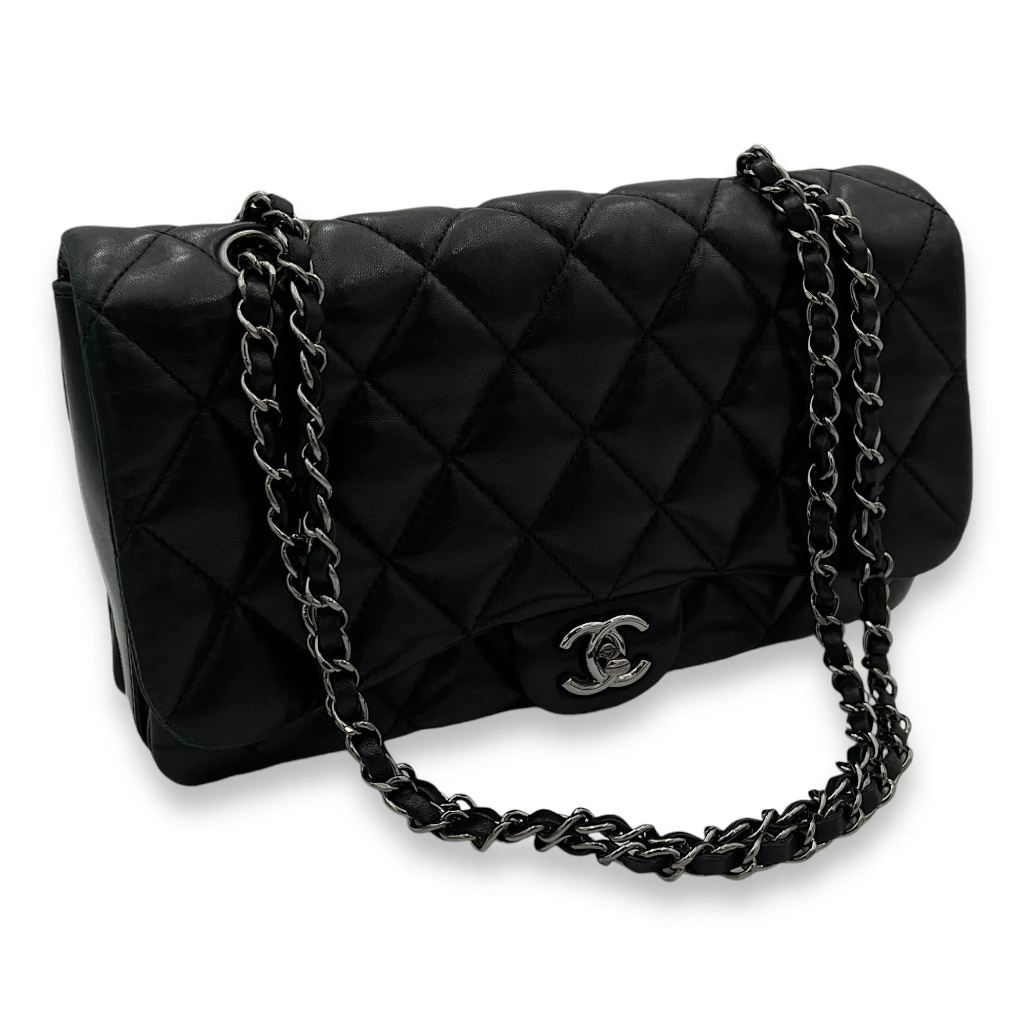 Accordion Triple Shoulder Bag Black in Lambskin, Silver hardware