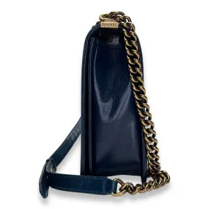 Boy Large Blue Shoulder Bag in Saffiano Leather, Gold hardware