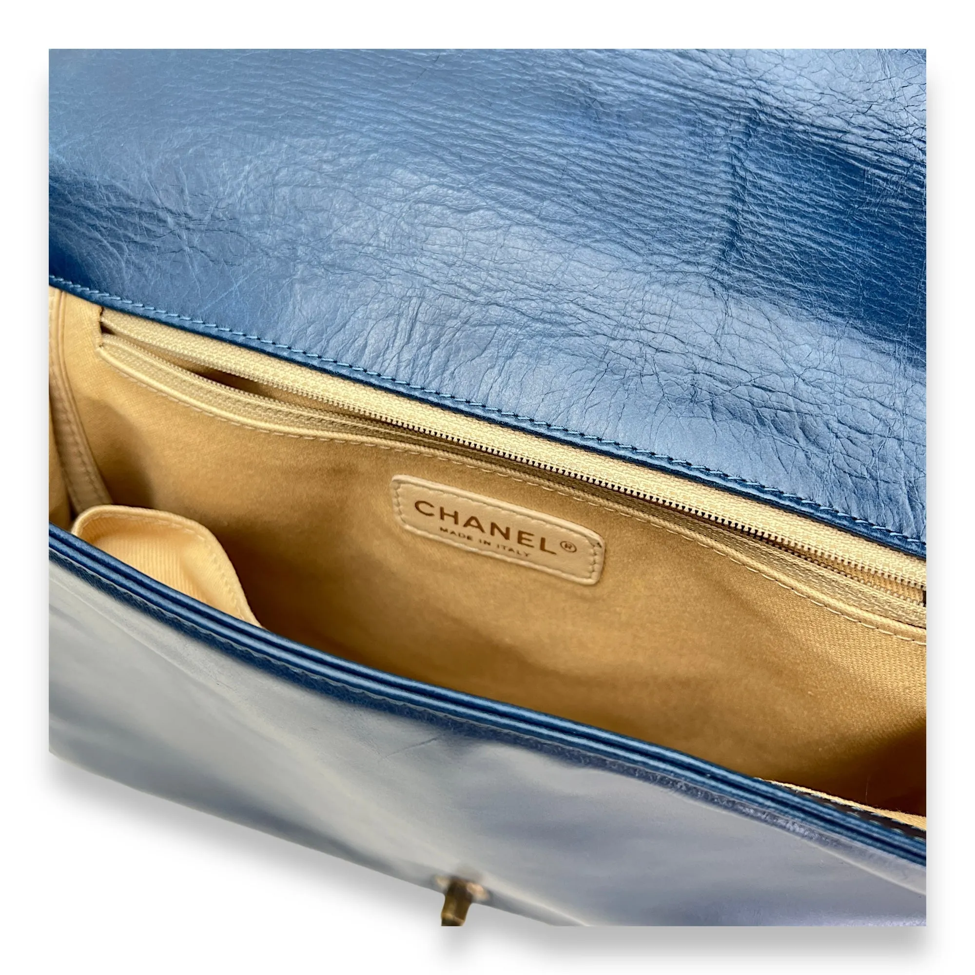 Boy Large Blue Shoulder Bag in Saffiano Leather, Gold hardware