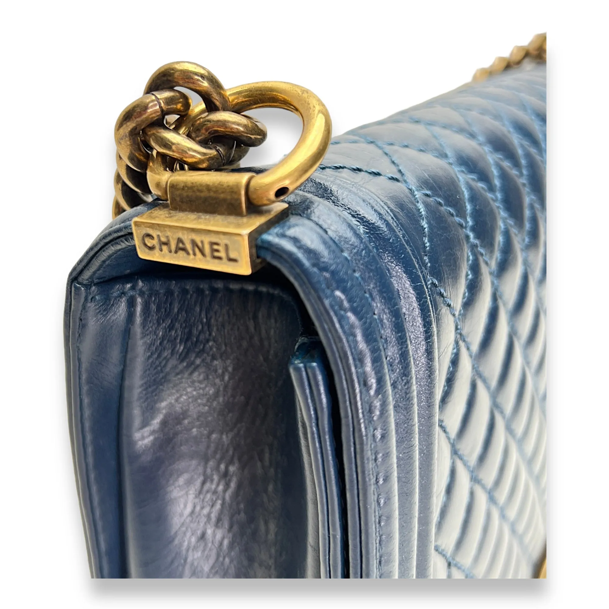 Boy Large Blue Shoulder Bag in Saffiano Leather, Gold hardware