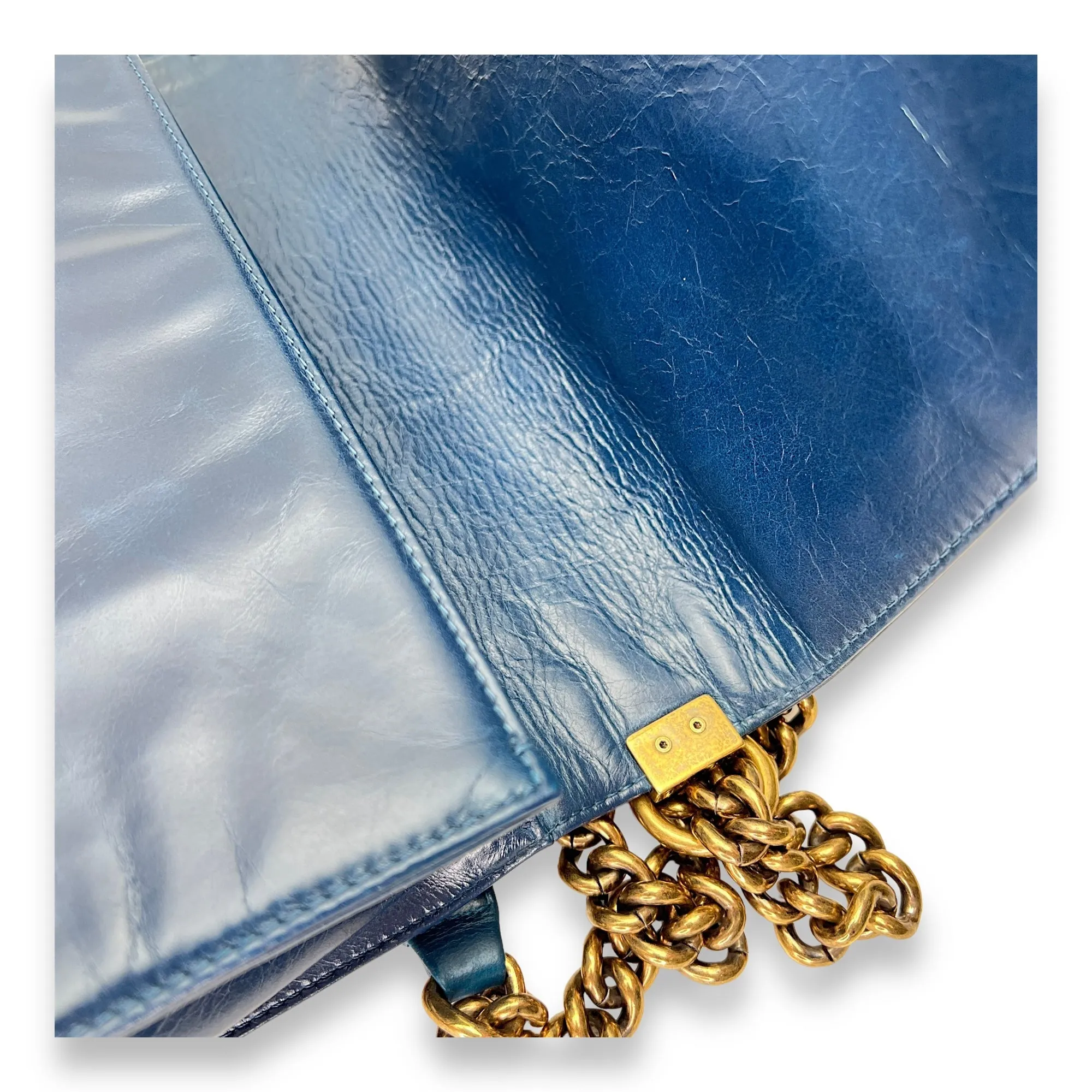 Boy Large Blue Shoulder Bag in Saffiano Leather, Gold hardware