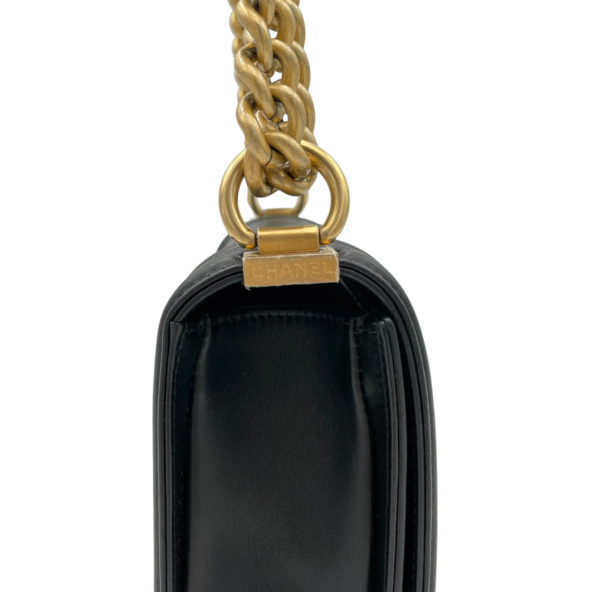 Boy Small Black Crossbody Bag in Calfskin, Brushed Gold hardware