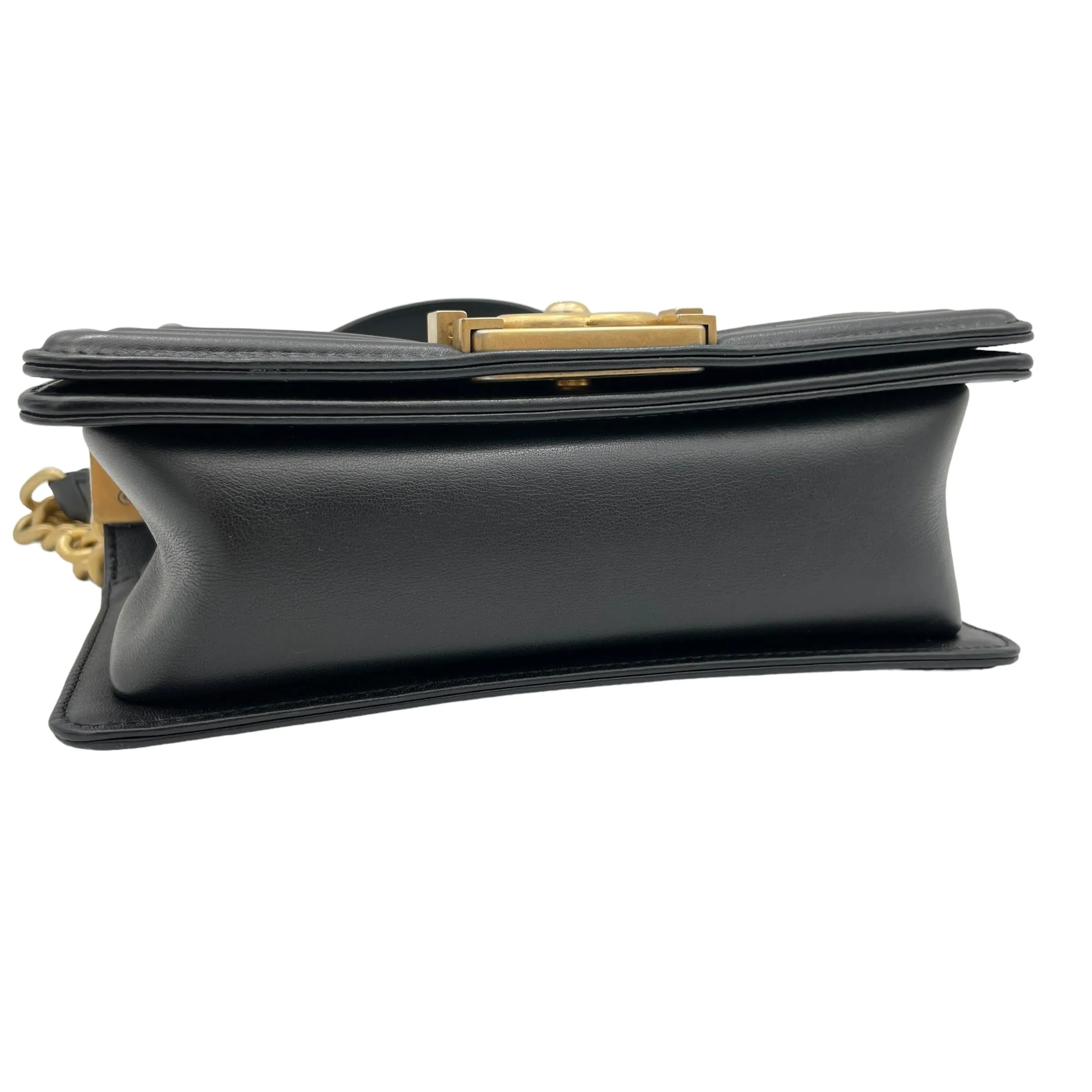 Boy Small Black Crossbody Bag in Calfskin, Brushed Gold hardware