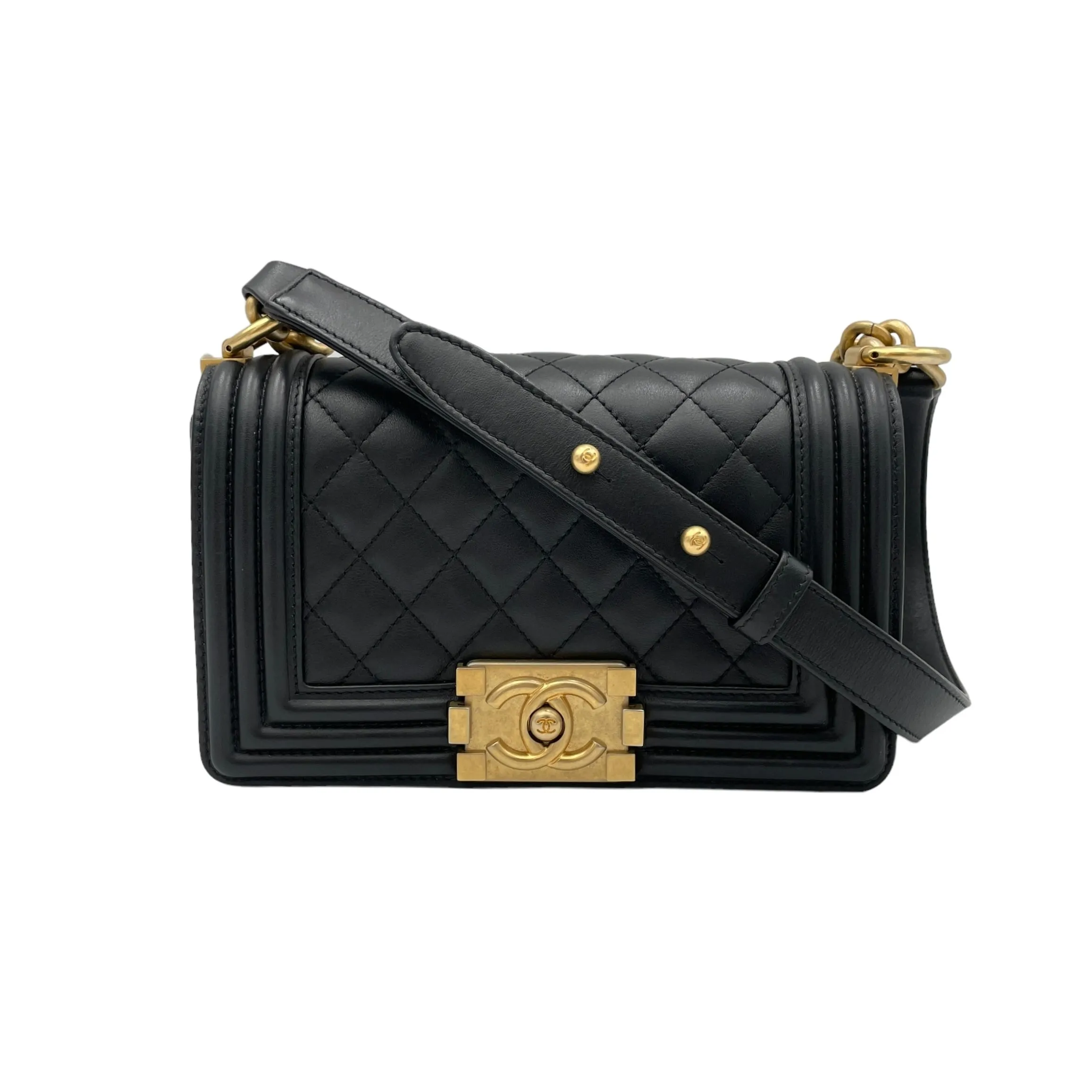 Boy Small Black Crossbody Bag in Calfskin, Brushed Gold hardware