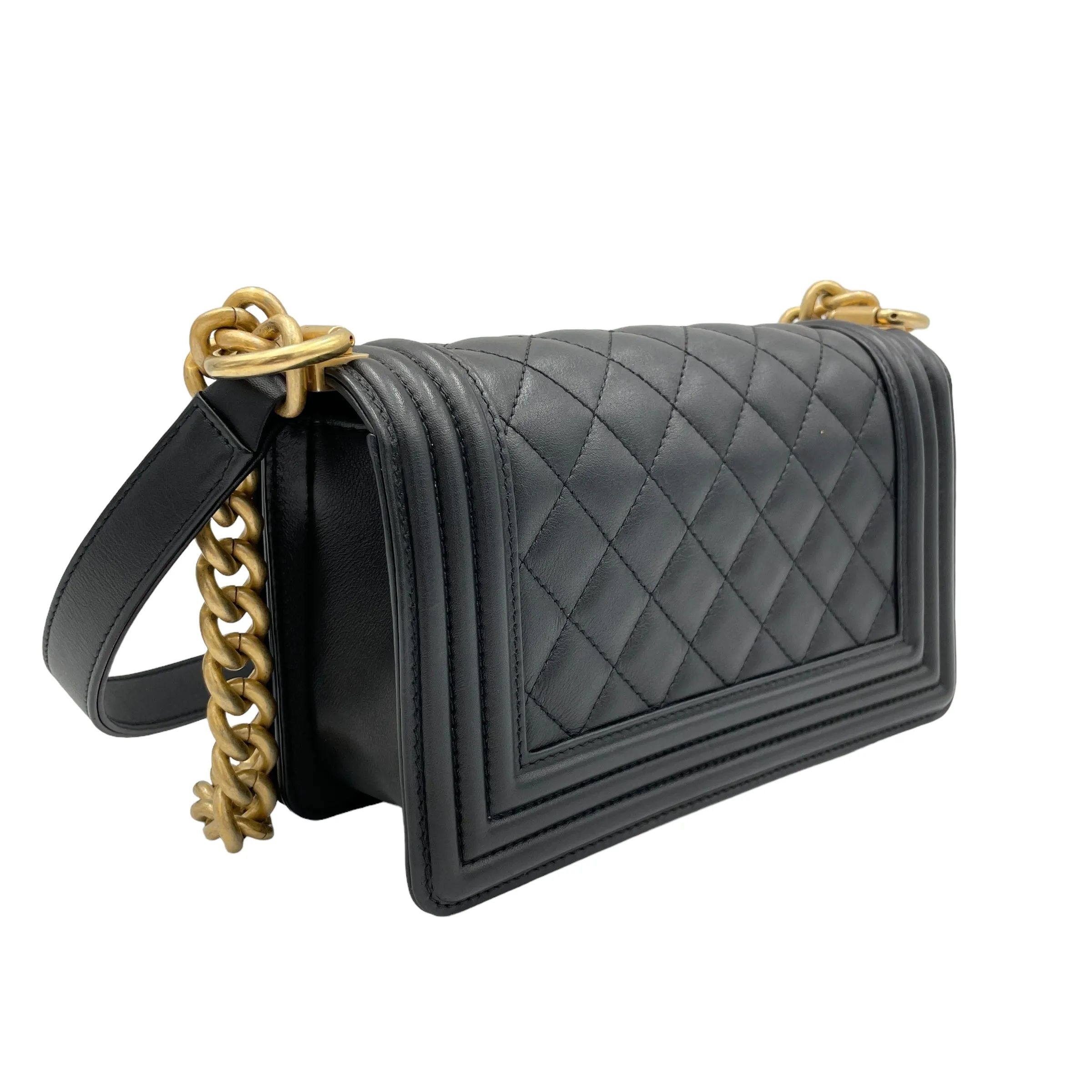 Boy Small Black Crossbody Bag in Calfskin, Brushed Gold hardware