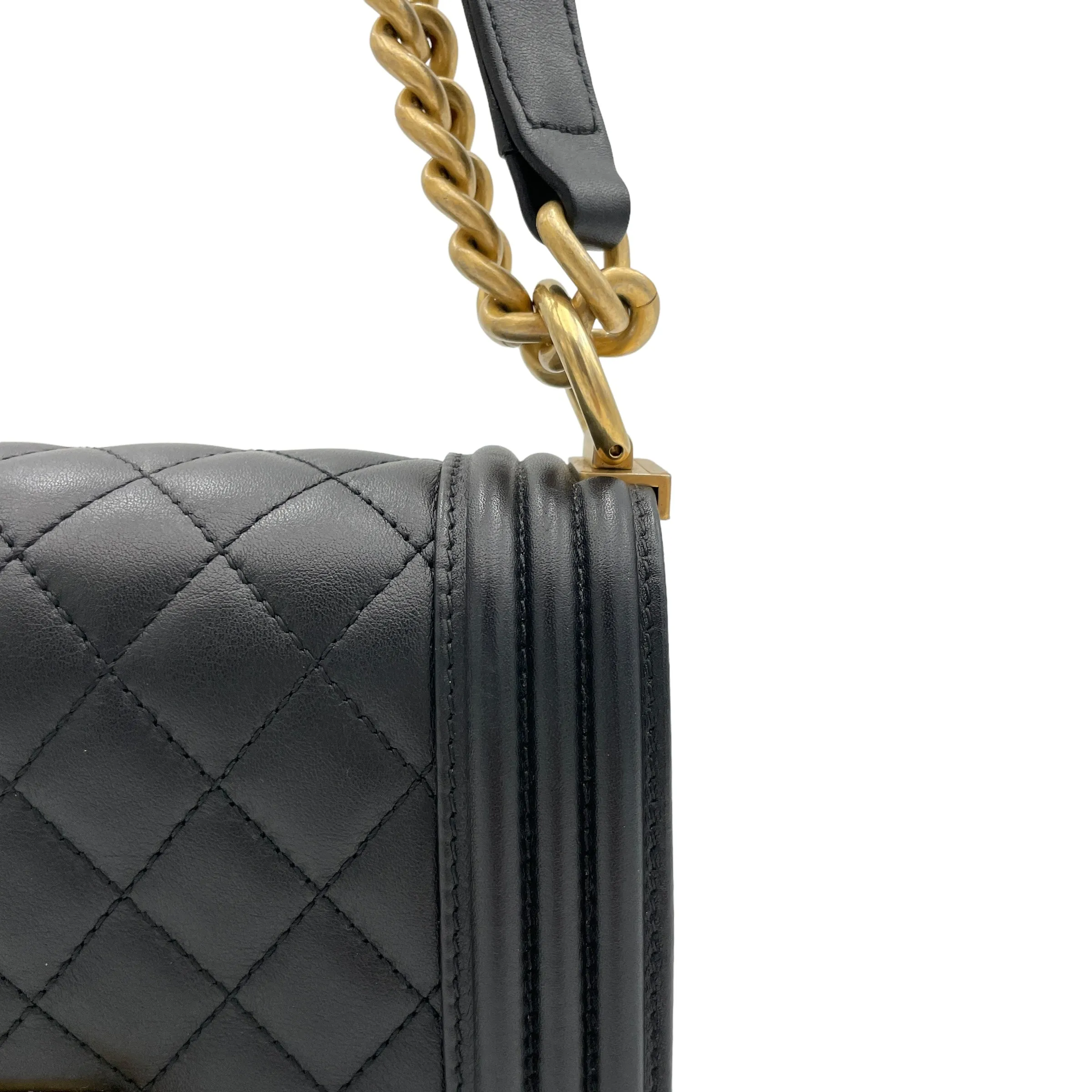 Boy Small Black Crossbody Bag in Calfskin, Brushed Gold hardware