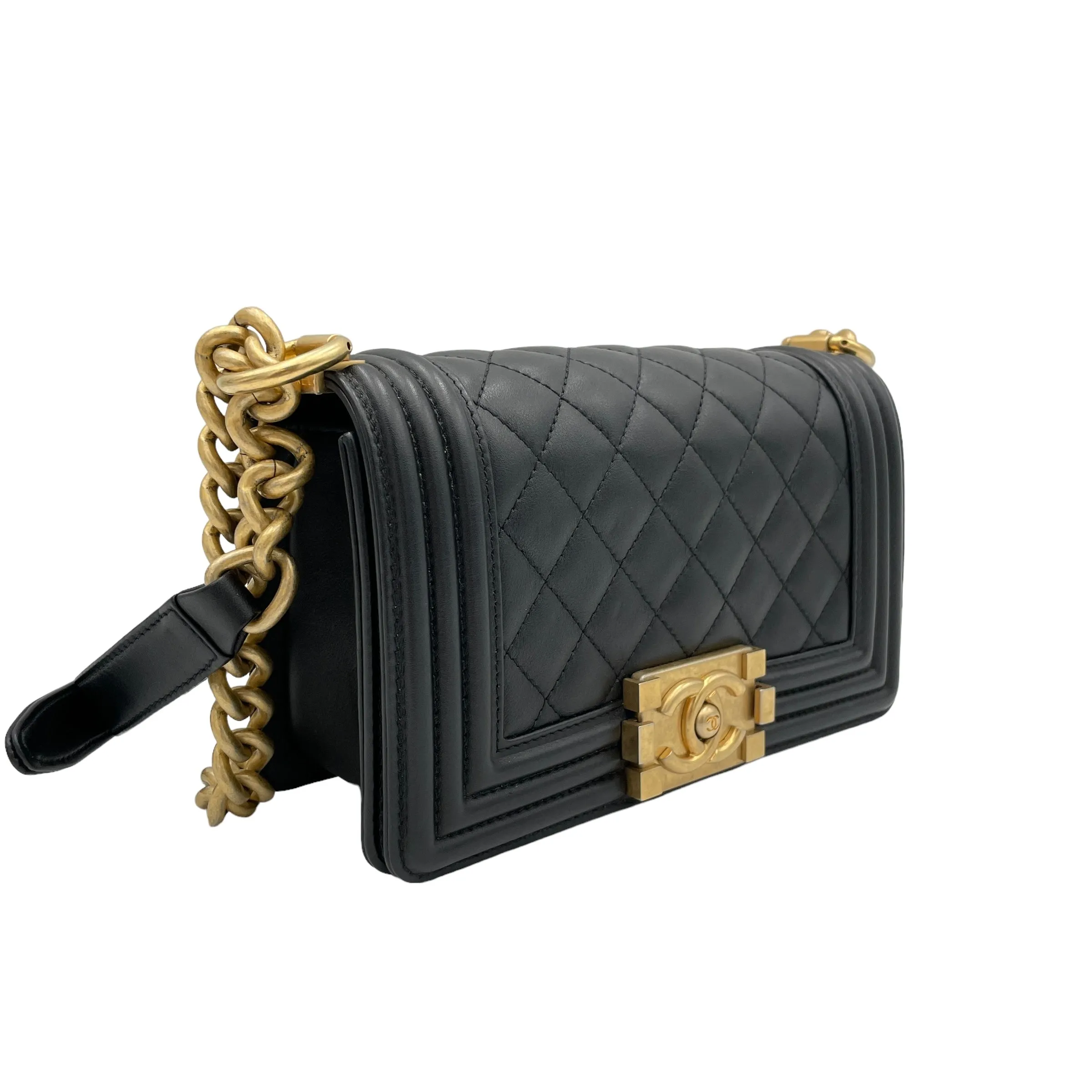 Boy Small Black Crossbody Bag in Calfskin, Brushed Gold hardware