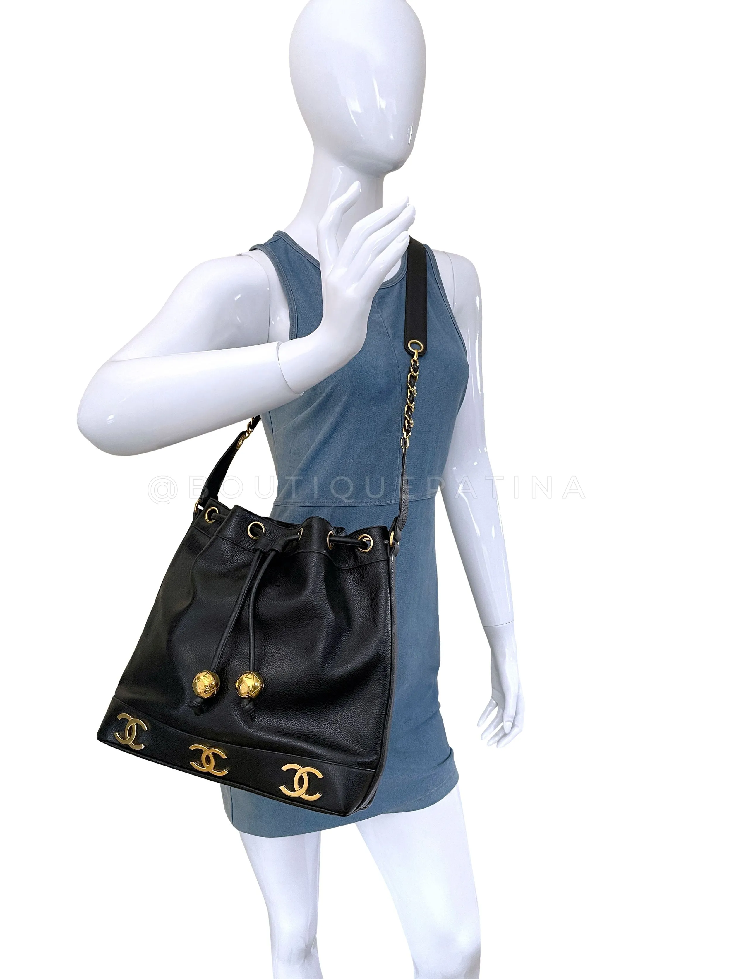 Chanel 1994 Vintage Black Caviar 6-CC Drawstring Bucket Bag 24k GHW