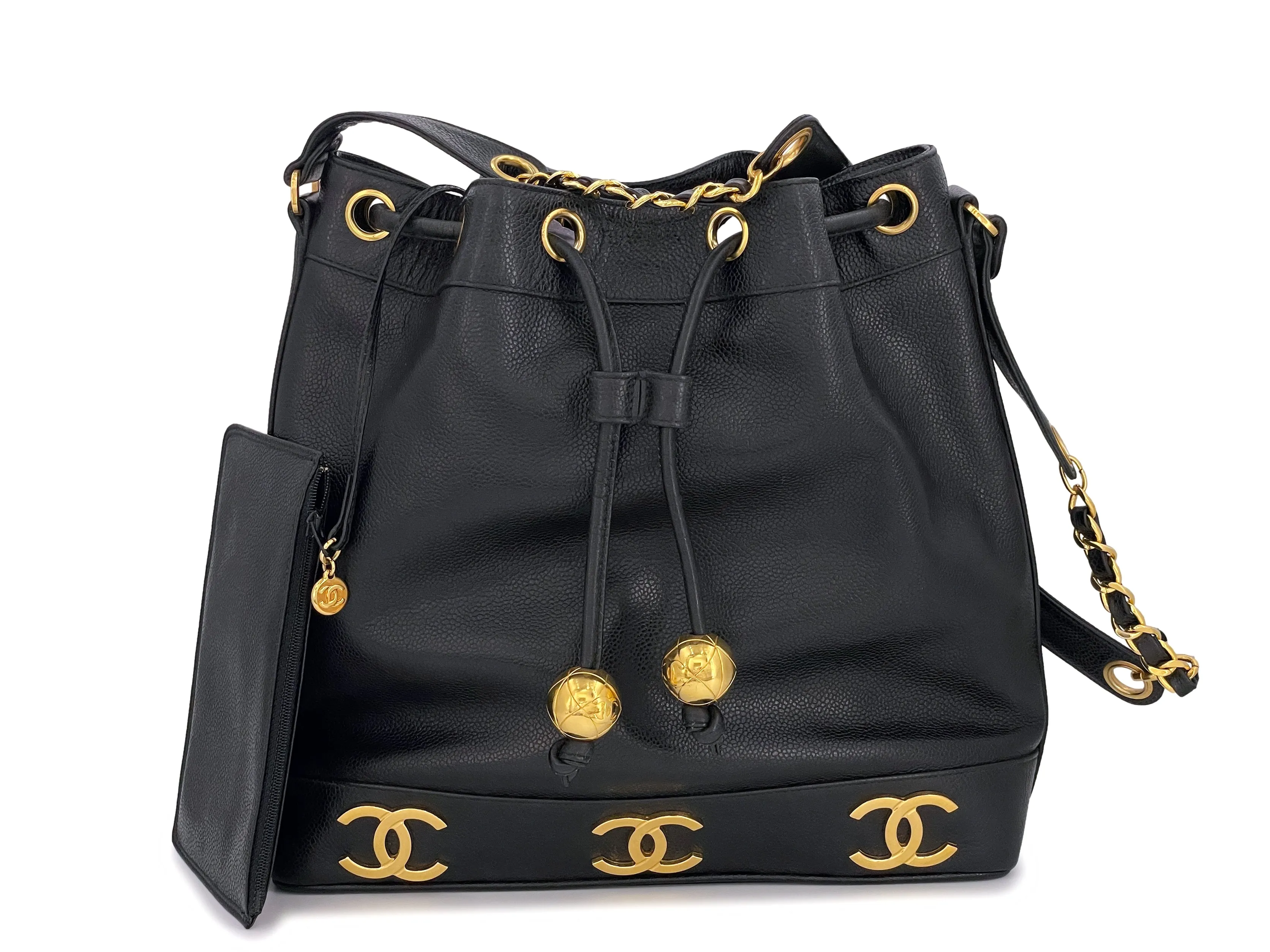 Chanel 1994 Vintage Black Caviar 6-CC Drawstring Bucket Bag 24k GHW