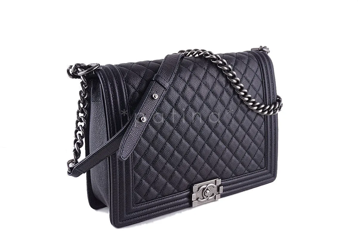 Chanel Black Caviar Boy Bag, Jumbo Large Classic Flap RHW