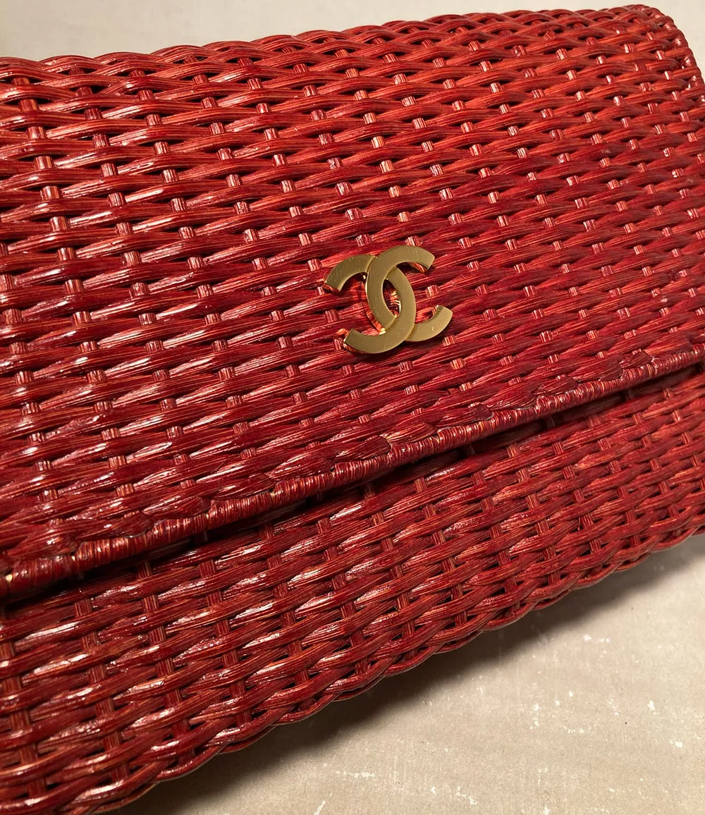 Chanel Red Wicker Classic Flap Shoulder Bag