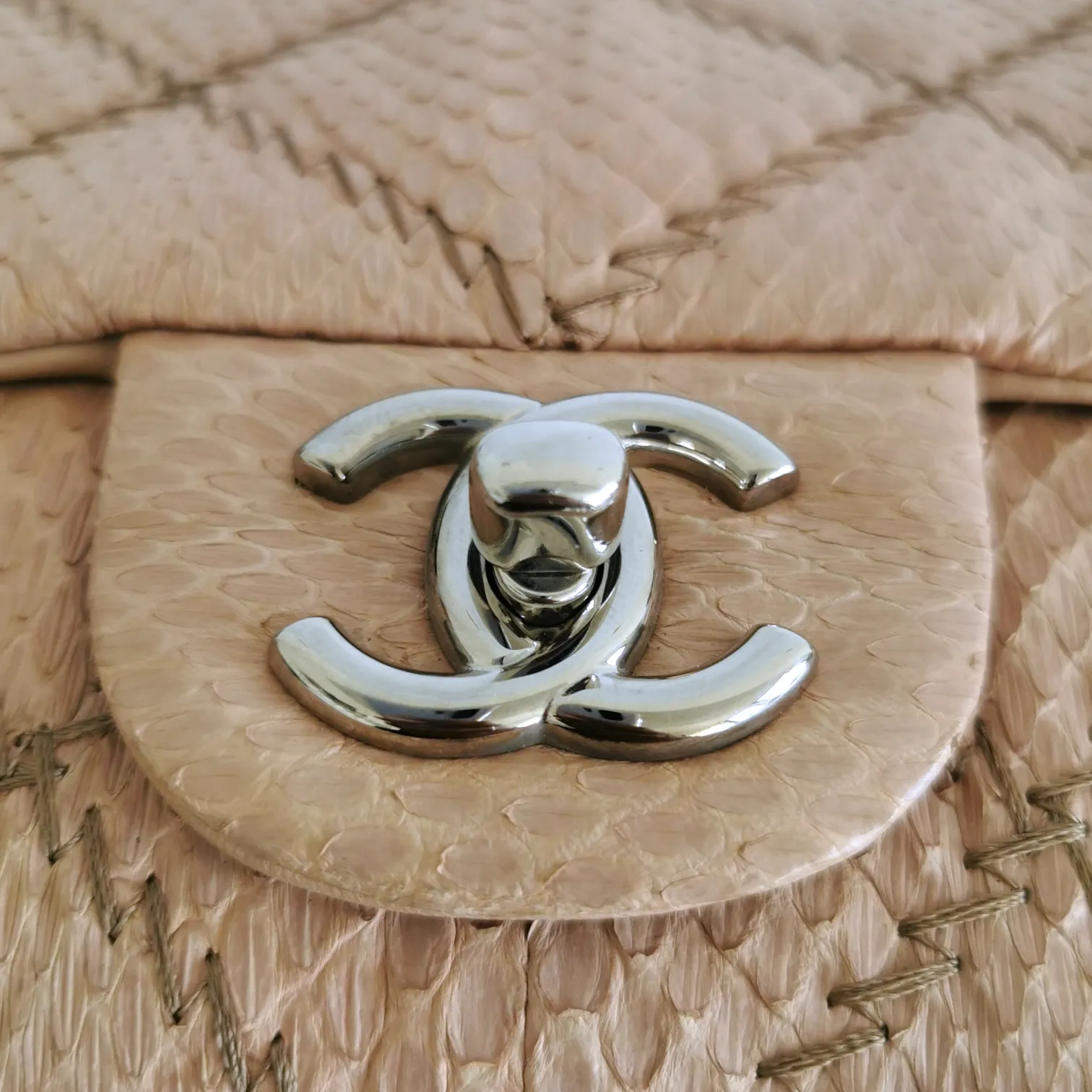 Chanel Ultra Stitch Flap Bag Beige Python