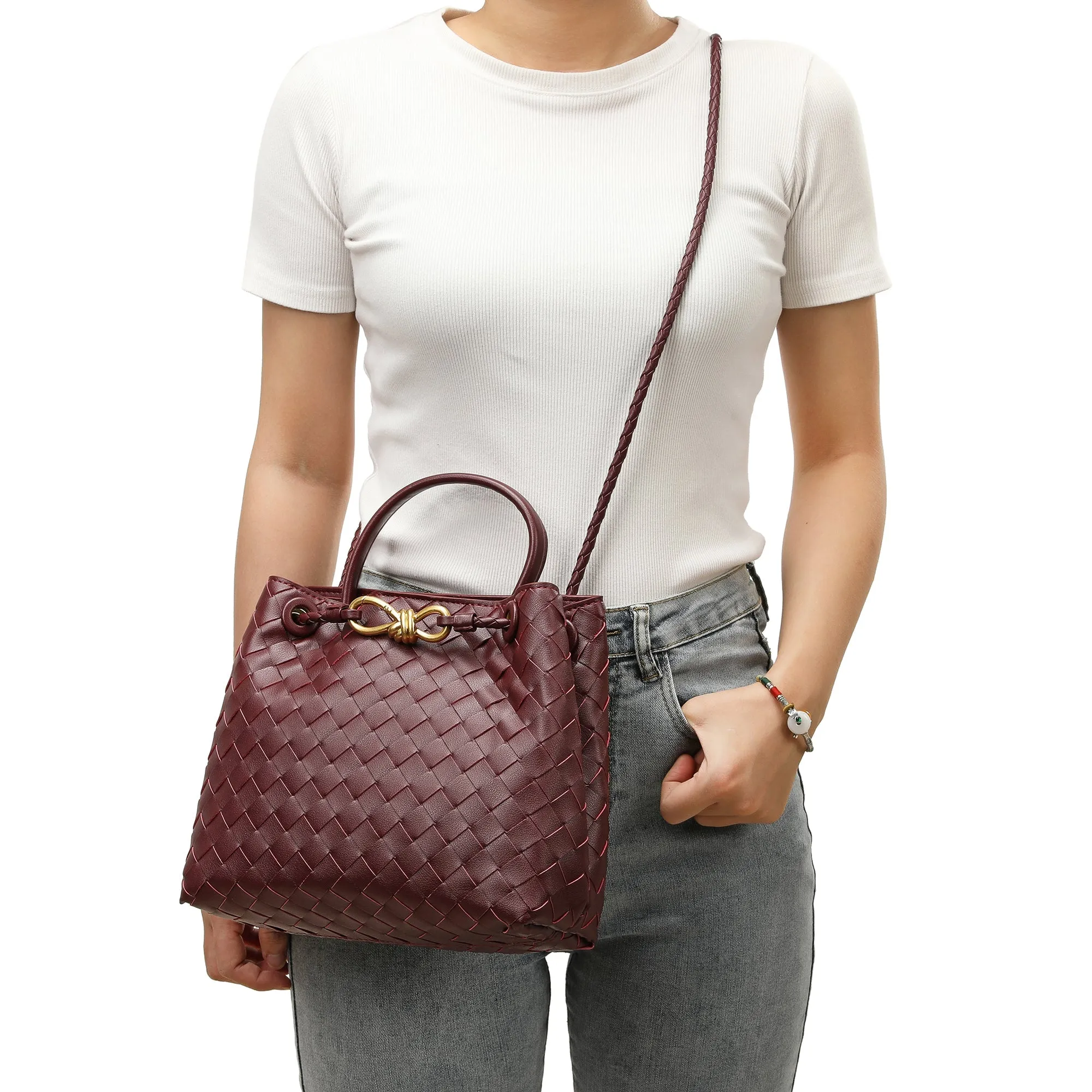 Cowhide Leather Knotted Intrecciato Shoulder Bag | Woven Handbag With Metal Buckle, Daily Fashion Designer Bag, Woven Shoulder Purse