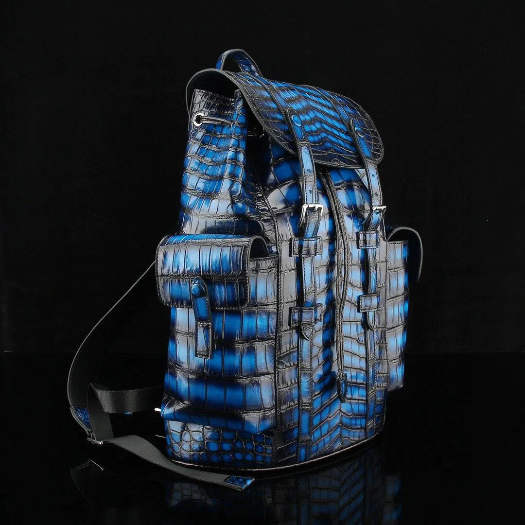 Crocodile Leather Travel Backpack Vintage Blue