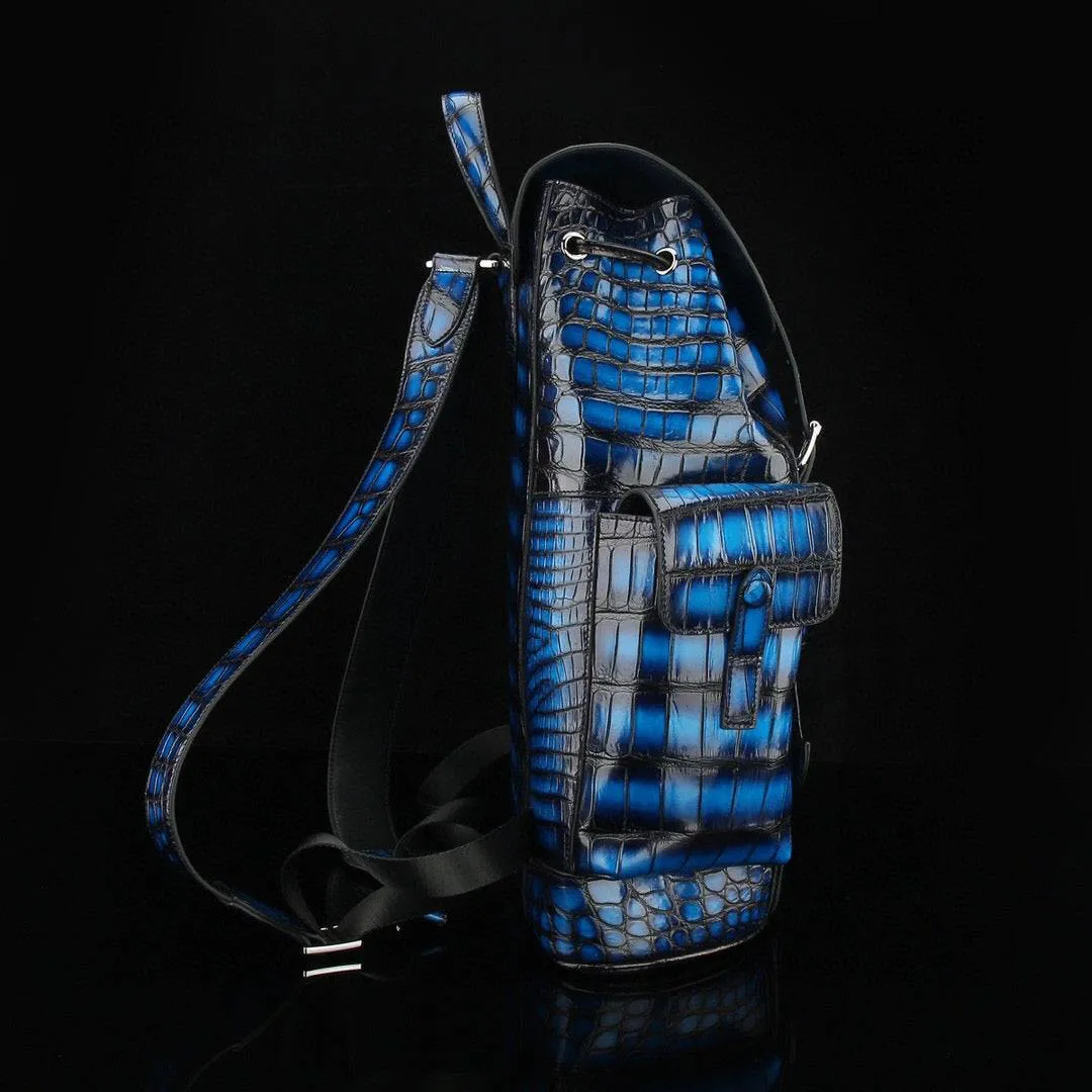 Crocodile Leather Travel Backpack Vintage Blue