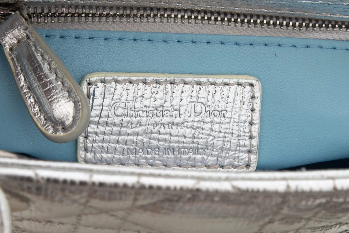 Dior Lady Dior Metallic Silver Grained Cannage with Lucky Badges Handbag