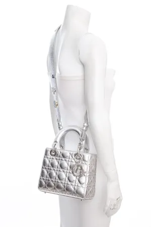 Dior Lady Dior Metallic Silver Grained Cannage with Lucky Badges Handbag