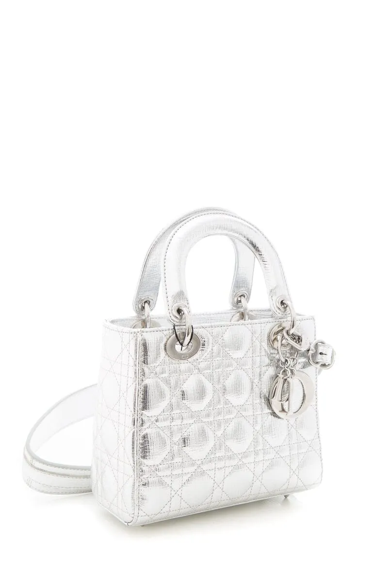 Dior Lady Dior Metallic Silver Grained Cannage with Lucky Badges Handbag