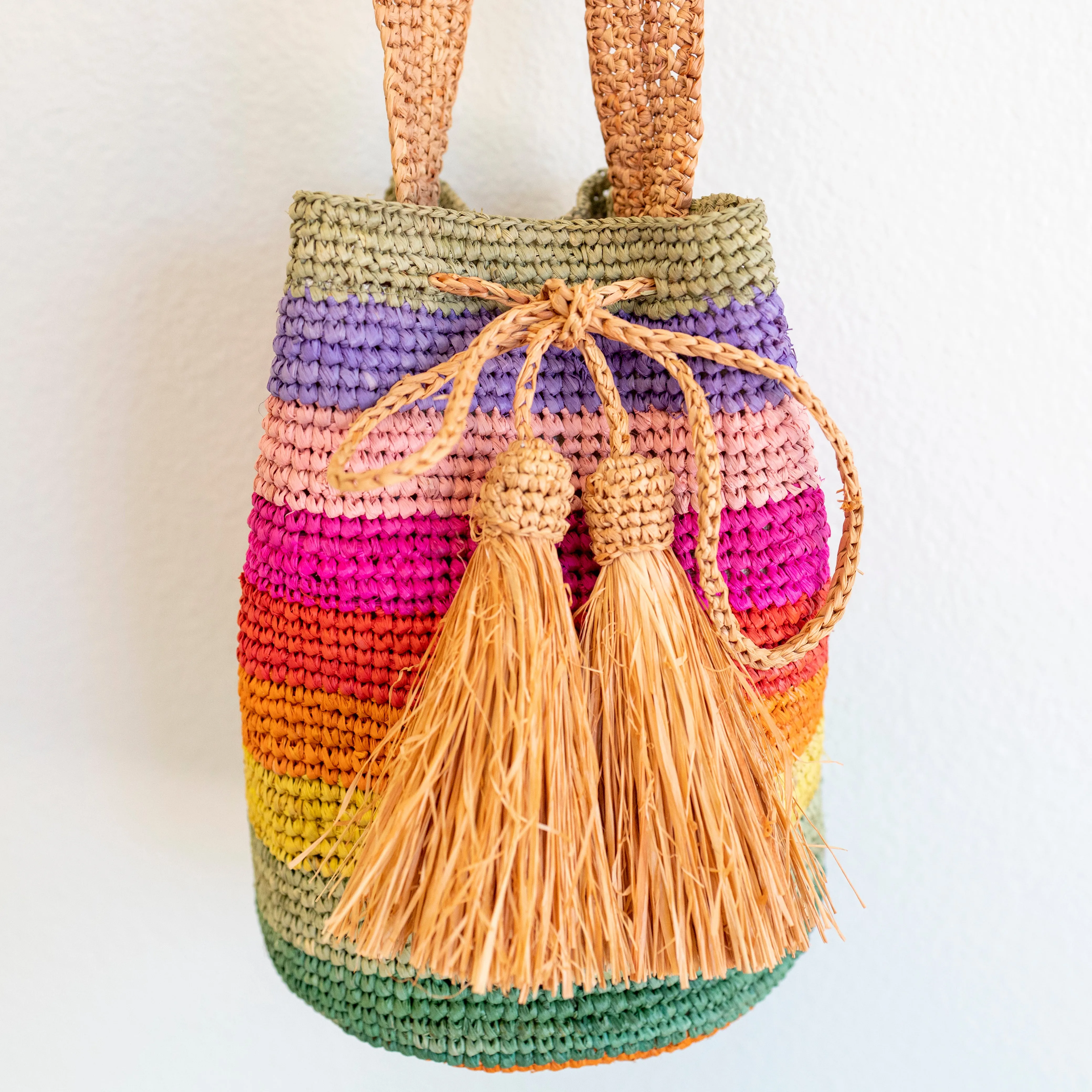 Elena Handbags Women's Raffia Straw Rainbow Crossbody Bucket Bag