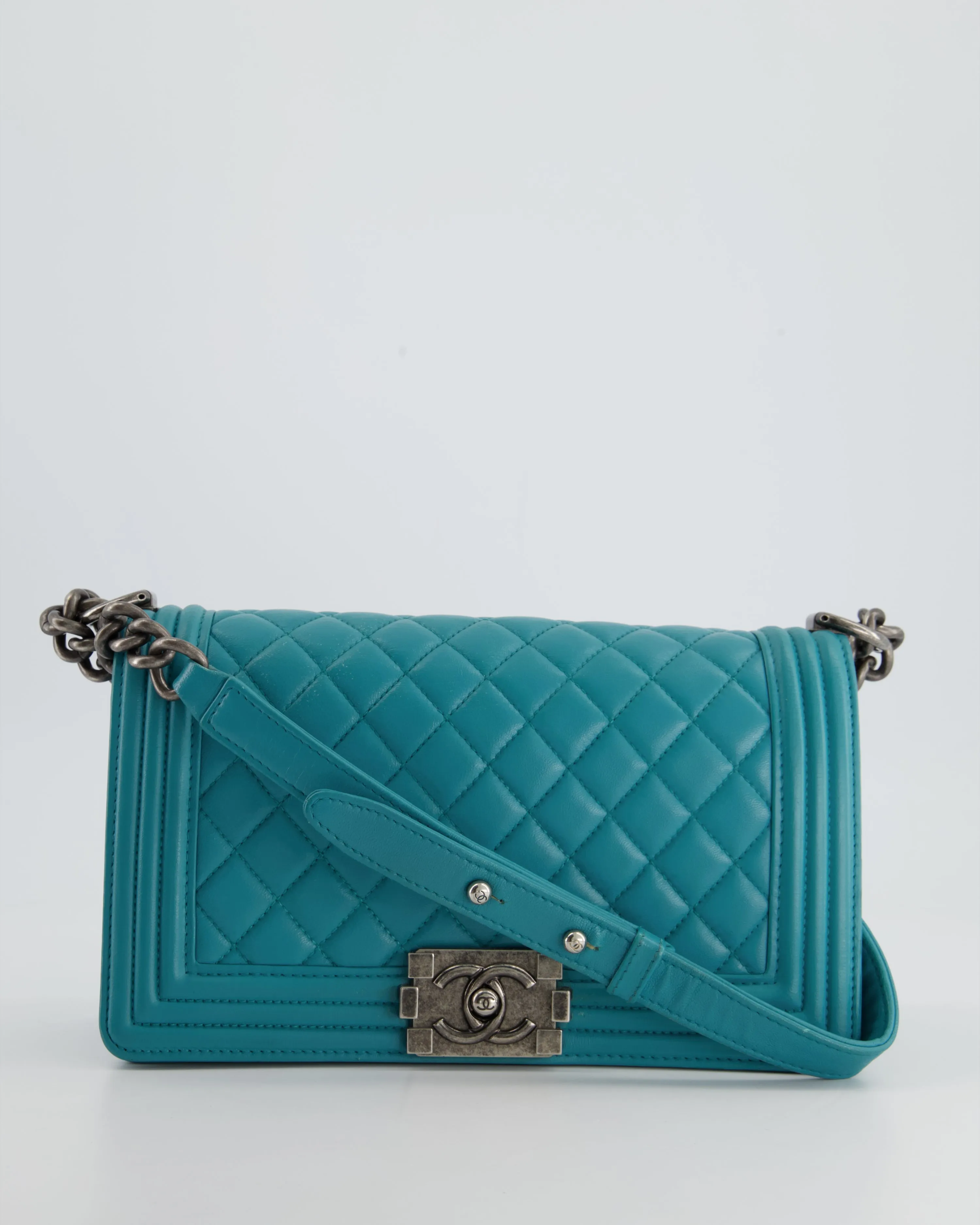 *FIR PRICE* Chanel Teal Blue Medium Boy Bag in Lambskin Leather with Ruthenium Hardware