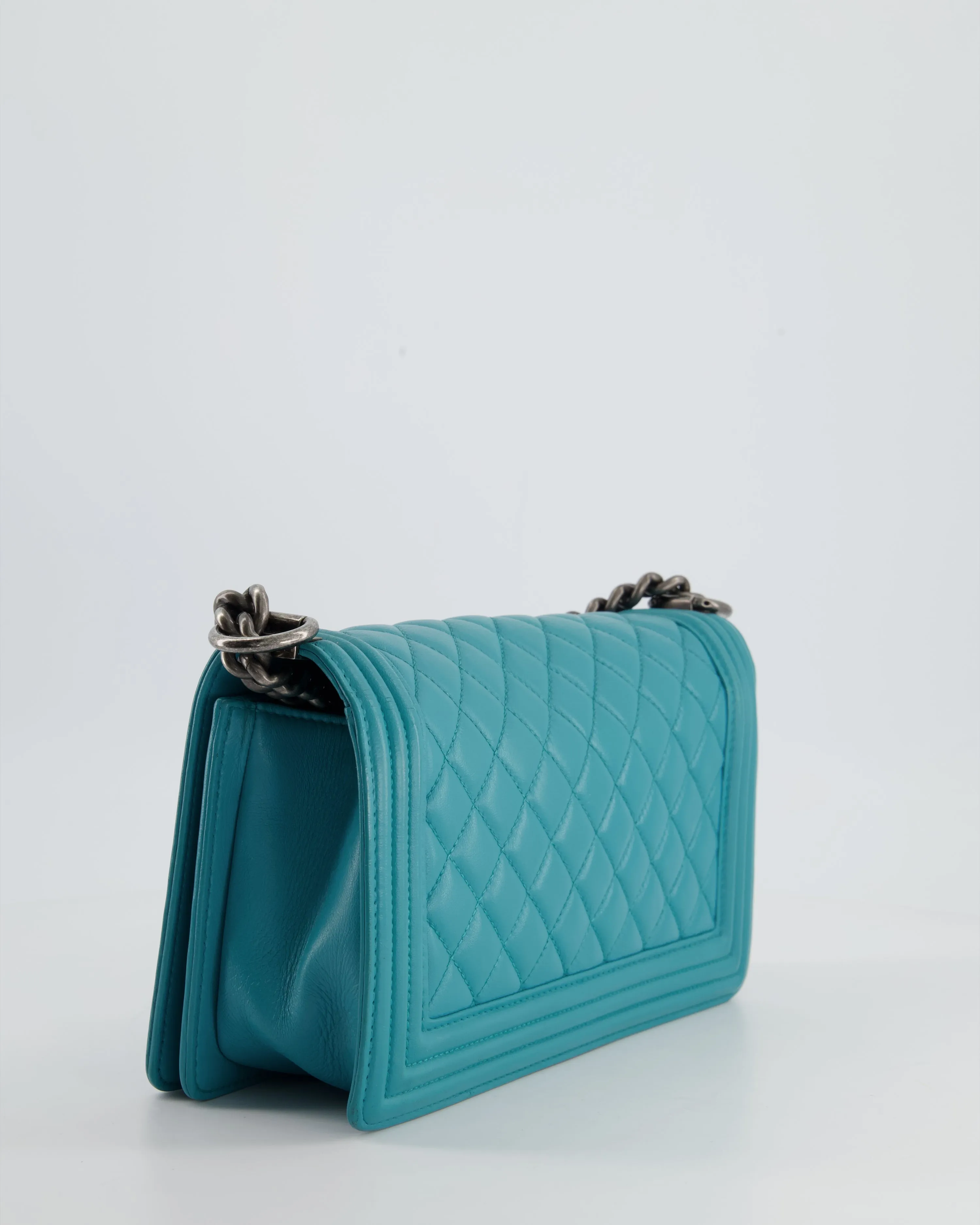 *FIR PRICE* Chanel Teal Blue Medium Boy Bag in Lambskin Leather with Ruthenium Hardware