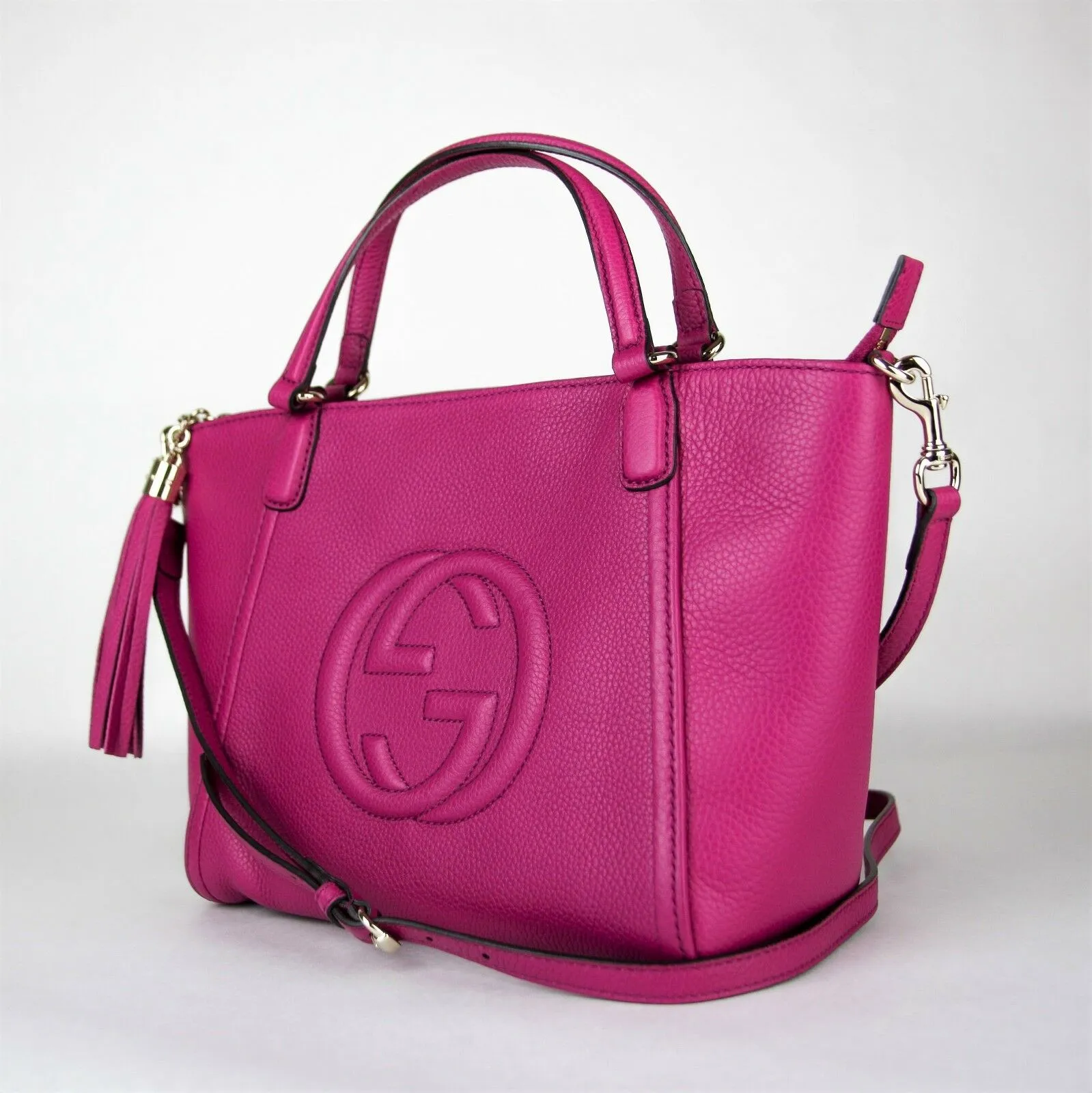 Gucci Pebbled Calfskin Small Soho Top Handle Bag Bright Bougainvillea