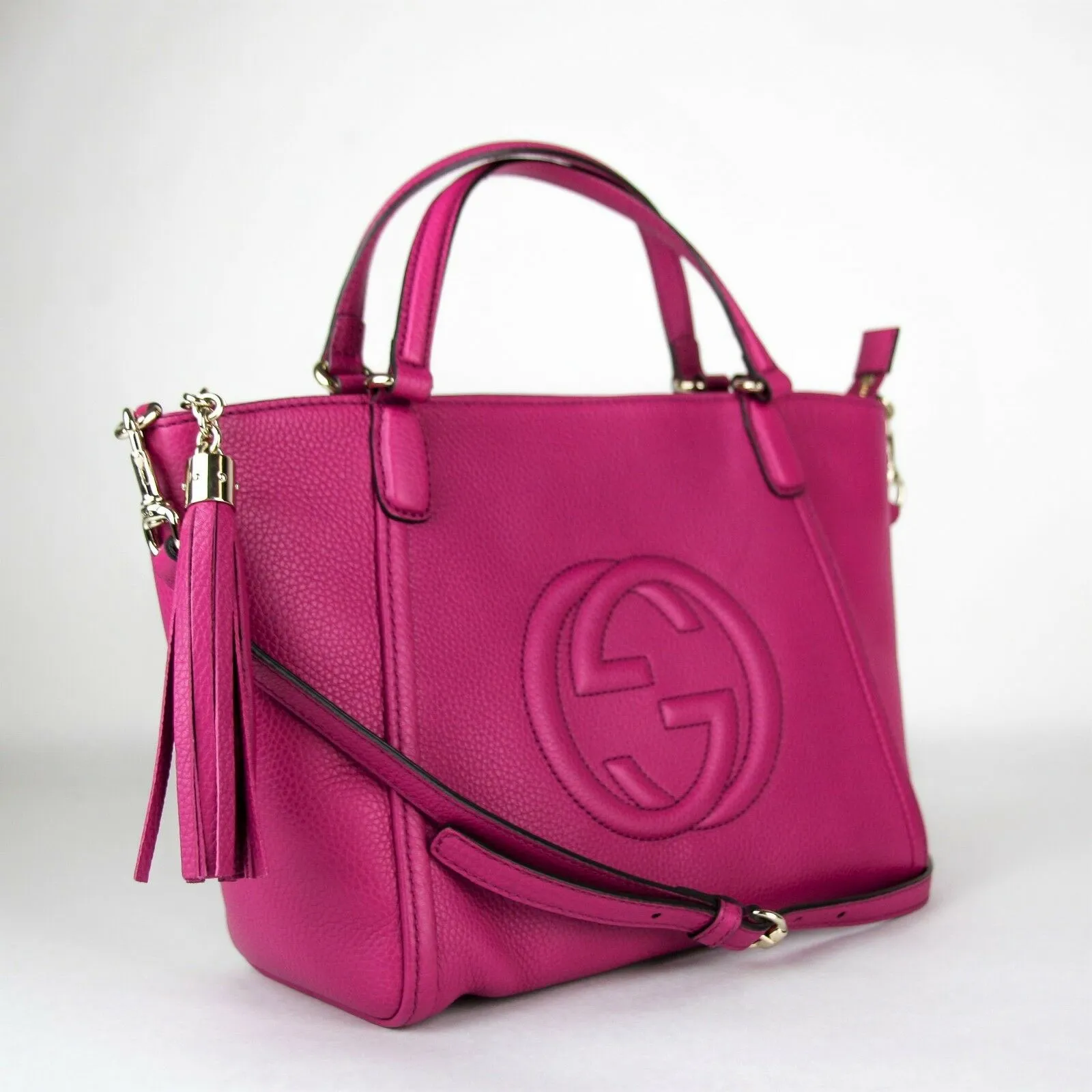 Gucci Pebbled Calfskin Small Soho Top Handle Bag Bright Bougainvillea