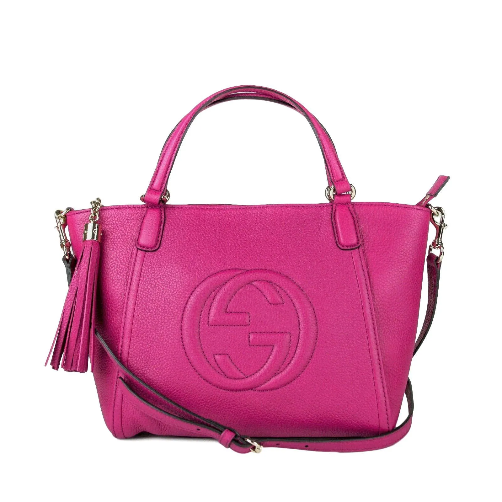 Gucci Pebbled Calfskin Small Soho Top Handle Bag Bright Bougainvillea