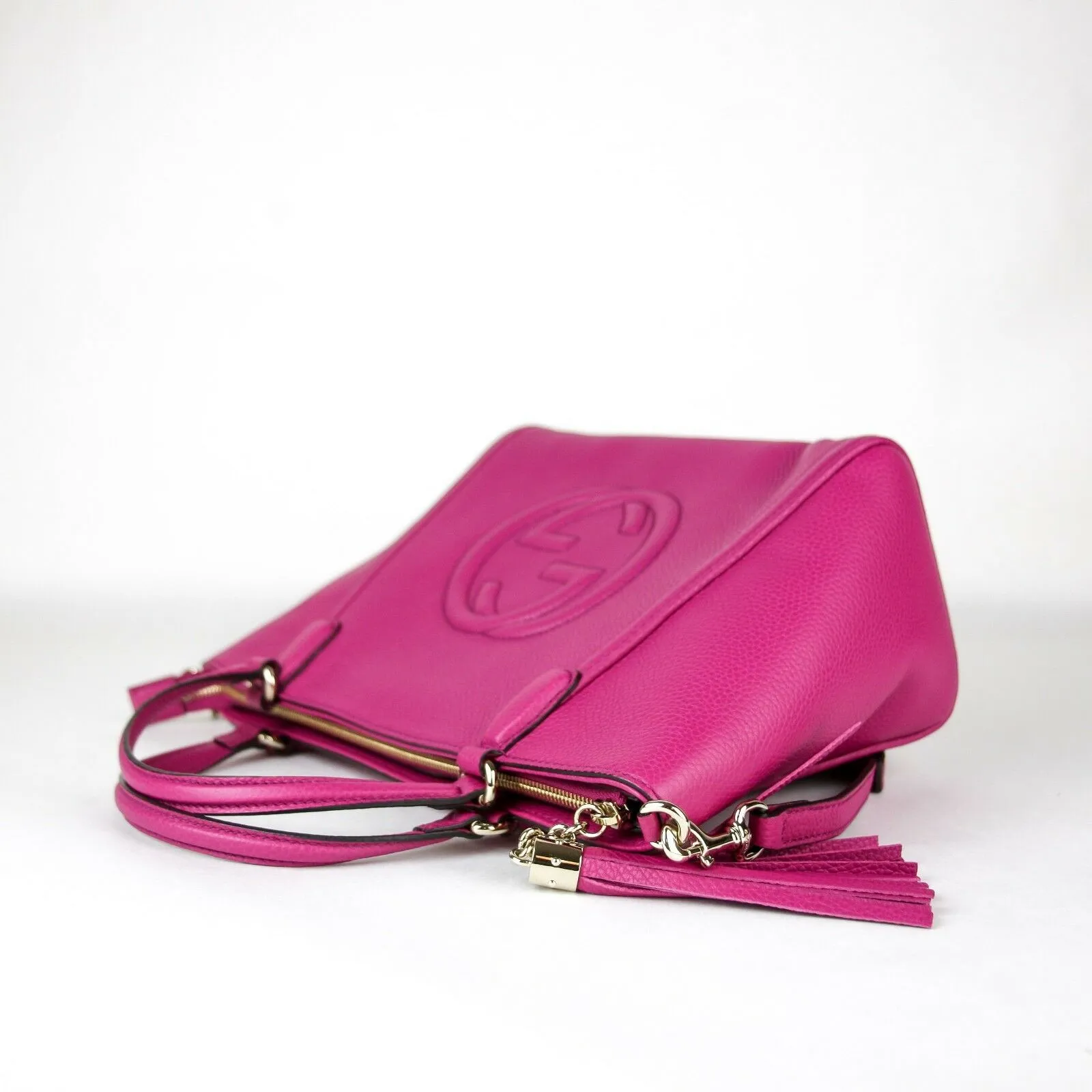 Gucci Pebbled Calfskin Small Soho Top Handle Bag Bright Bougainvillea