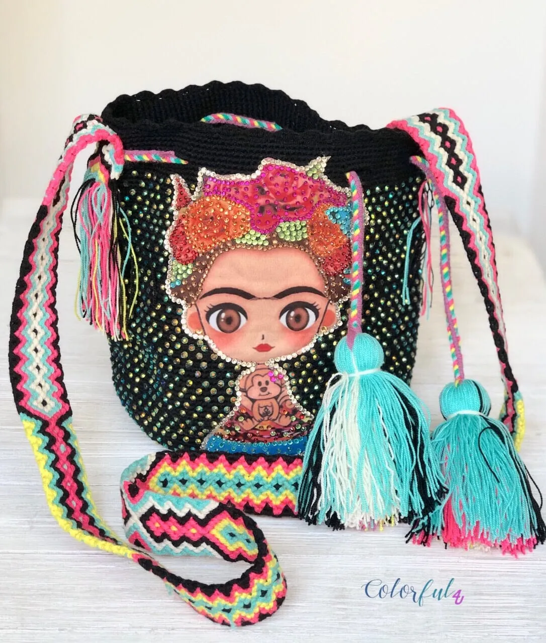 Medium Frida Tribute Crochet Bags with Crystals