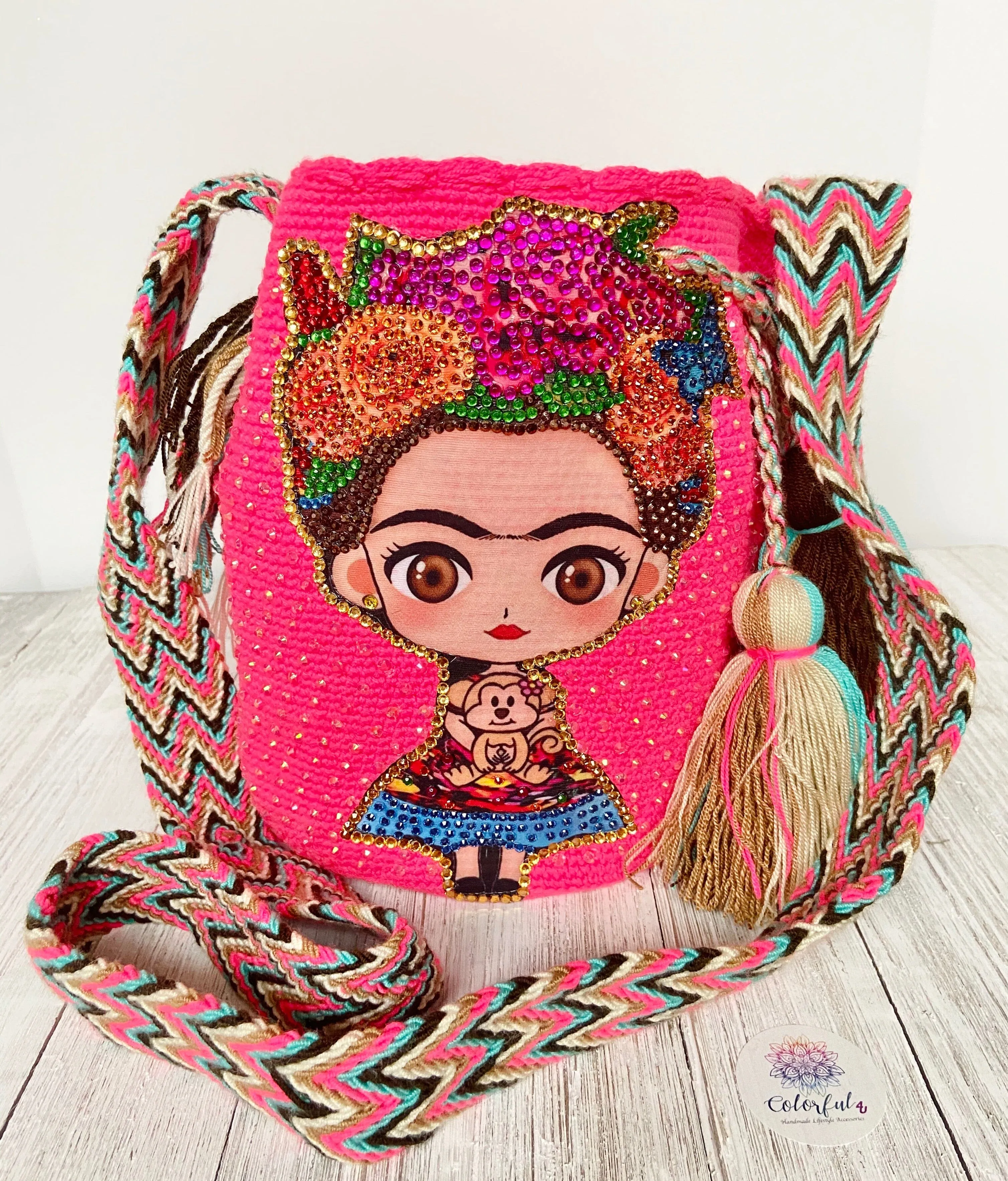 Medium Frida Tribute Crochet Bags with Crystals