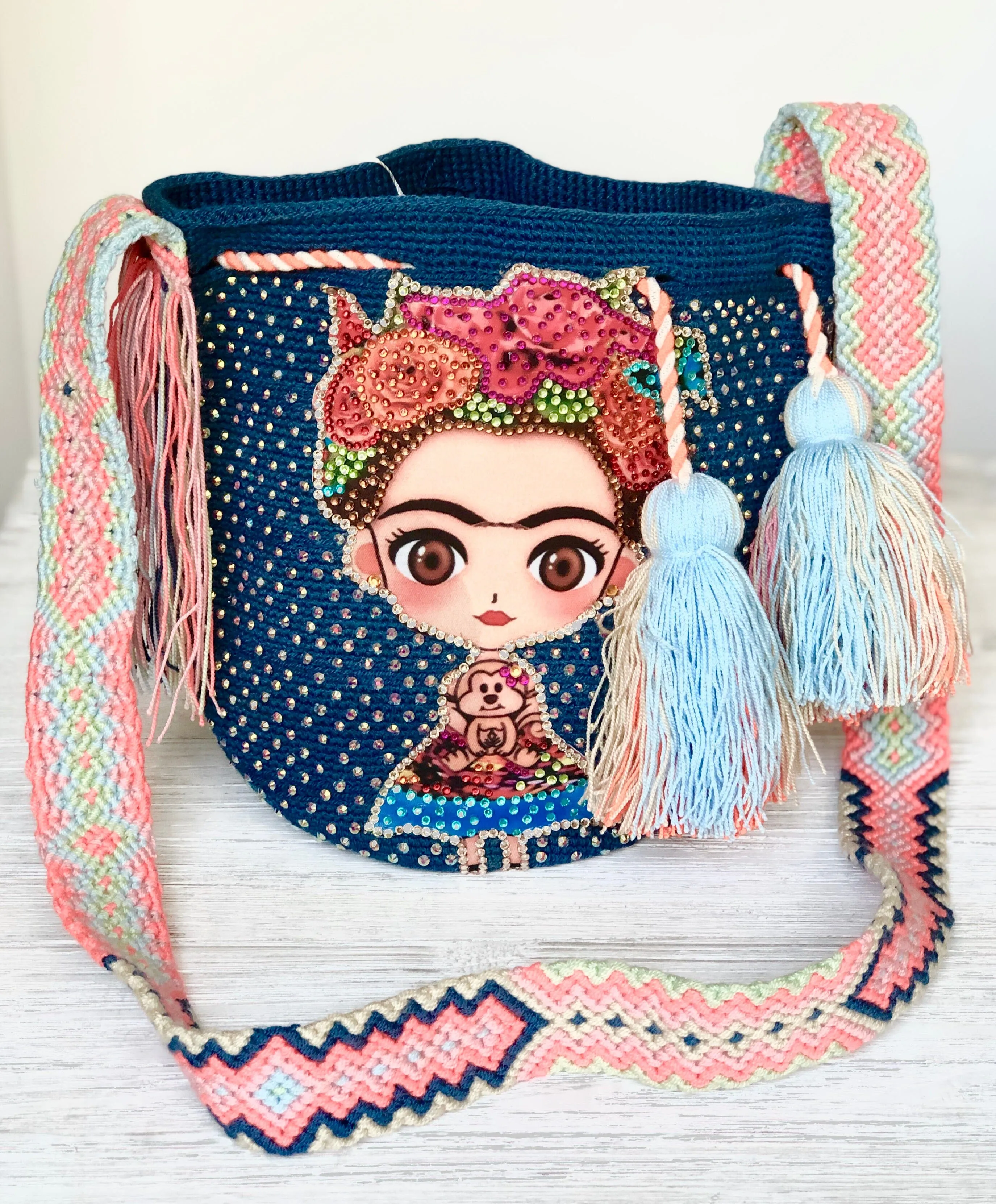 Medium Frida Tribute Crochet Bags with Crystals