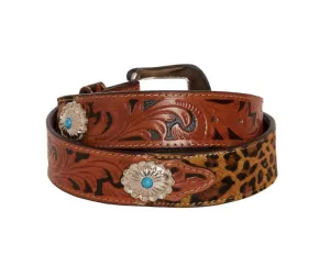 Myra hand tooled brown cheetah print L belt