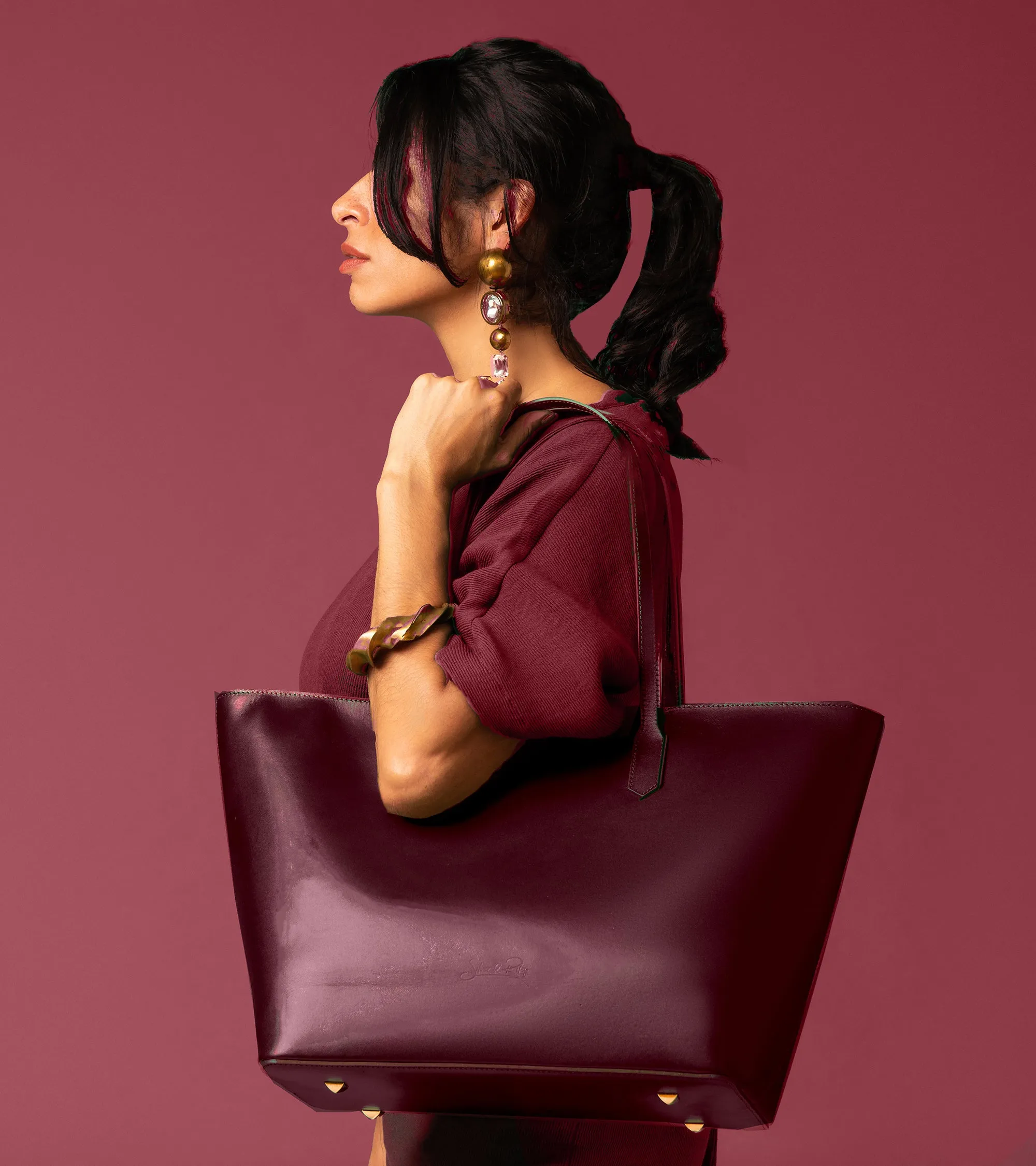 SSW - Manila All Purpose Large Carryall Leather Tote Bag in Dark Burgundy